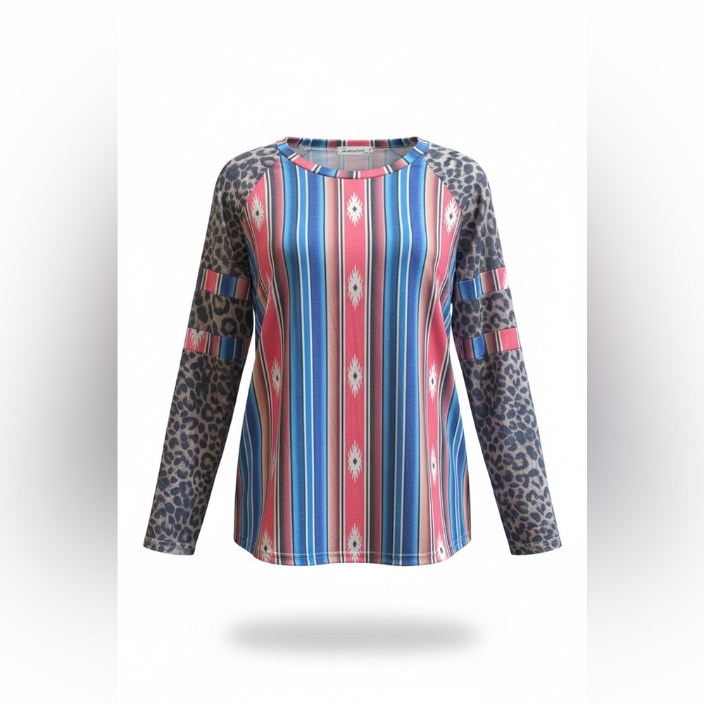 Southern Stitch Striped and Leopard Print Women's Top - Size Small